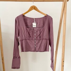 NWT Free People Square Neck Eyelet Floral Lace Blouse in Lavender - M